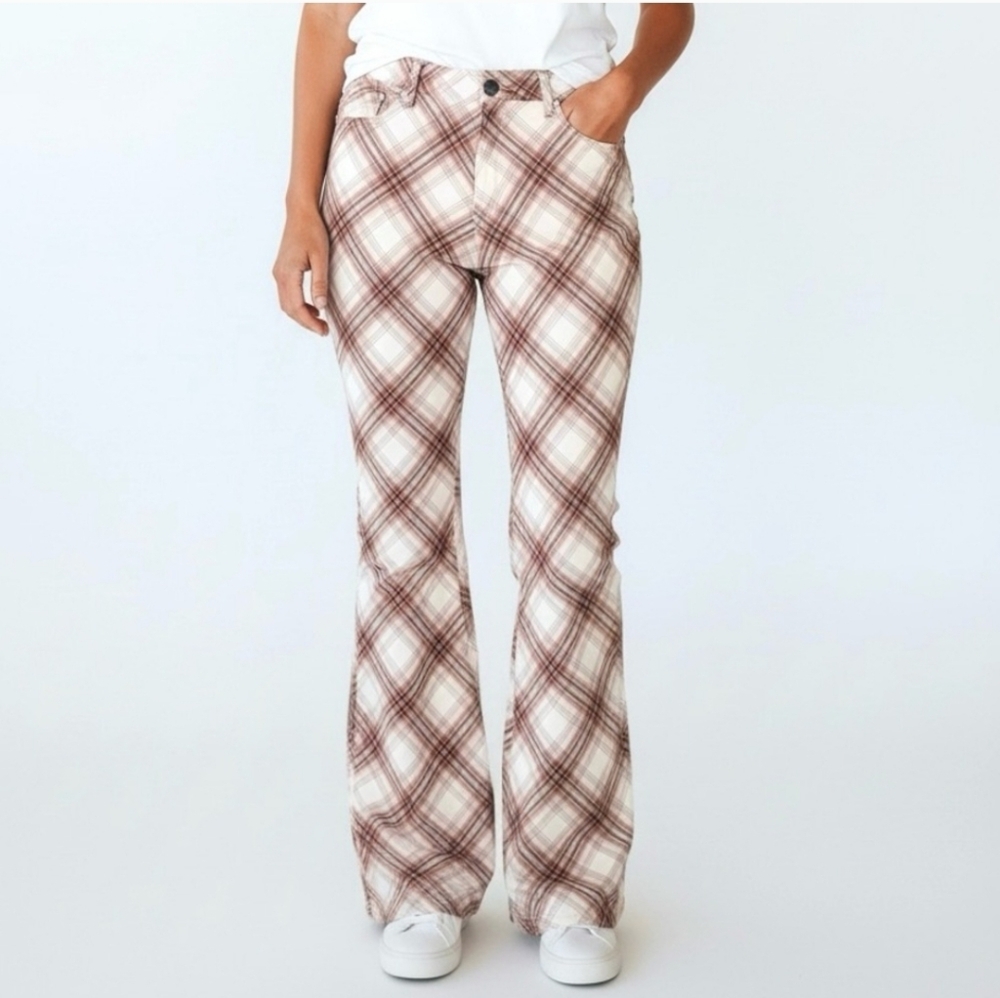 HOLLISTER Brown & Cream Plaid High Waist Flare Pants Size Large